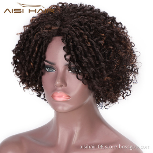 Aisi Hair Mixed Brown Afro Curly Wigs for Women Side Part Synthetic Short Hair Wig Heat Resistant Fiber Wigs for Africans